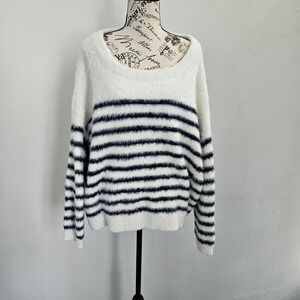 La Ligne x Target Womens 4X Sweater  Fuzzy Off White & Blue Striped Long Sleeve